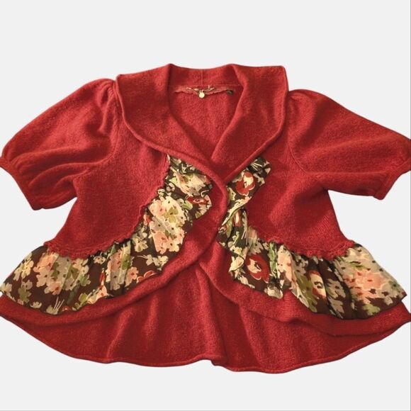 Anthropology knitted & knotted red wool shrug  floral silk accent Women's size m - Picture 3 of 8